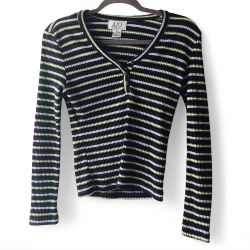 Y2K 90'S AMERICAN OUTPOST STRIPED LONG SLEEVE RIBBED KNIT V NECK TOP SIZE LARGE
